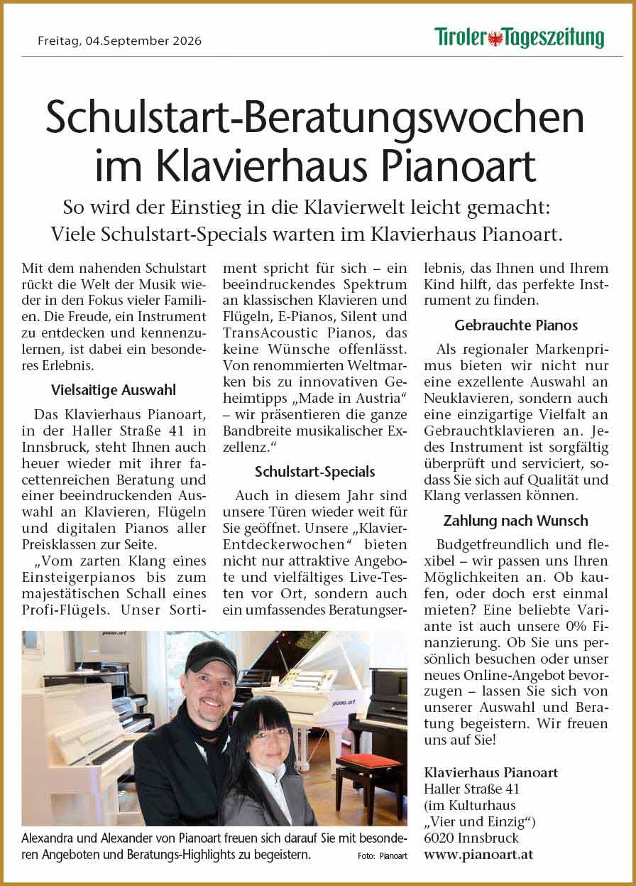 PR von Pianoart in der Tiroler Tagezeitung zum Thema Schulbeginn